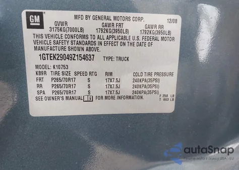 2009 GMC Sierra Sle из США, поврежденный, VIN 1GTEK29049Z154637